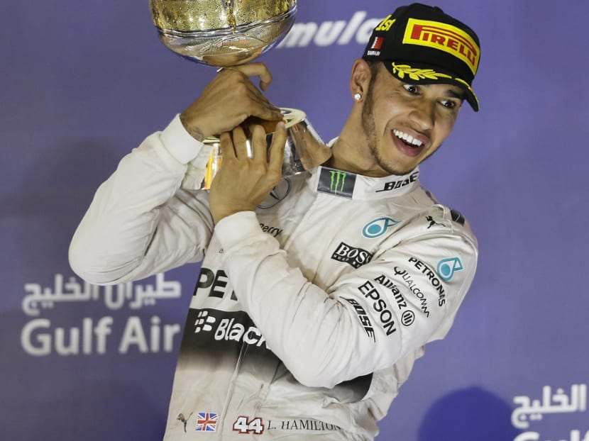 Mercedes driver Lewis Hamilton after winning the Bahrain Grand Prix in Sakhir on Sunday. PHOTO: AP