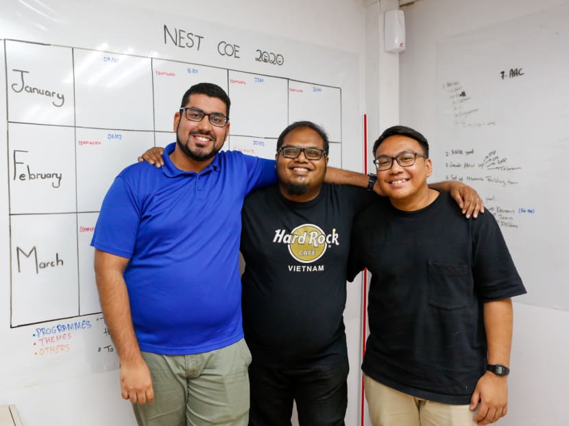 Mr Akram Hanif (left), Mohamed Irfan (centre) and Abdul Kadir Alimun are the team behind Progress Nest, seen here at Marsiling Community Cemtre on Feb 21, 2020. Mr Akram Hanif (left), Mohamed Irfan (centre) and Abdul Kadir Alimun are the team behind Progress Nest, seen here at Marsiling Community Cemtre on Feb 21, 2020.