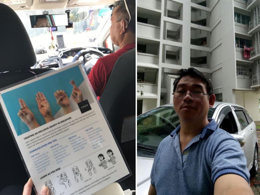 (Left) A collateral in some cars of Uber drivers with hearing impairment. (Right) Mr James Teo, the driver who is hard-off-hearing, picked up a rider who is visually-impaired last month. Photo: Uber