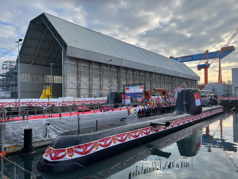 The Republic of Singapore Navy submarines Illustrious (front) and Impeccable were launched on Dec 13, 2022 in Kiel, Germany. The Republic of Singapore Navy submarines Illustrious (front) and Impeccable were launched on Dec 13, 2022 in Kiel, Germany.