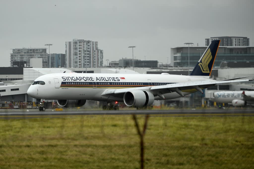 A Singapore Airlines on the tarmac after landing at Sydney International airport.