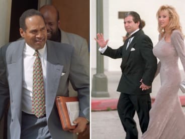 OJ Simpson (left, front) pictured in 1995 leaving a court house during a hearing break in his wrongful death civil suit filed by the families of murder victims Nicole Brown-Simpson and Ronald Goldman. Simpson's close friend at one time Robert Kardashian (right) with fiancee Denice Shakarian Halicki pictured at the 37th Annual Grammy Awards in 1995.