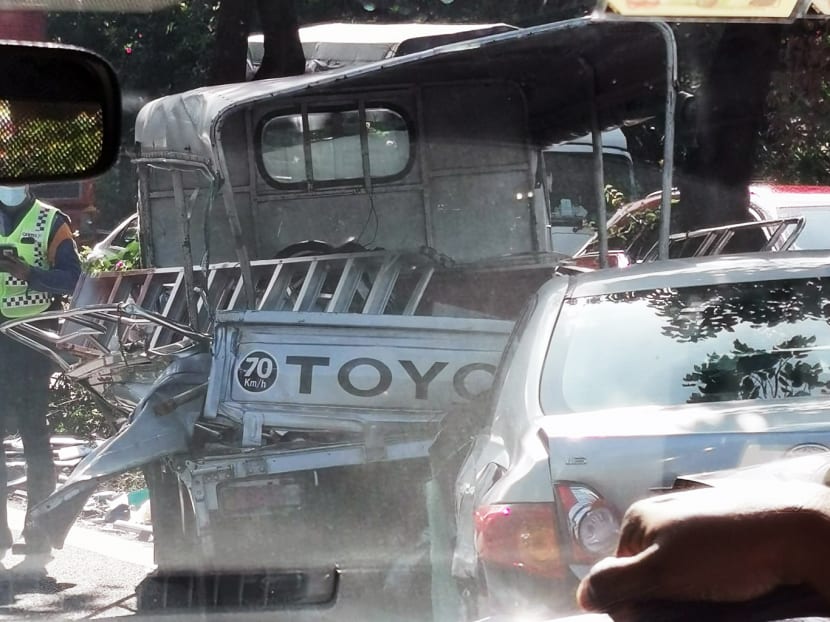 A lorry that appeared to be damaged in an accident involving several vehicles along the Pan-Island Expressway on Sept 27, 2021.