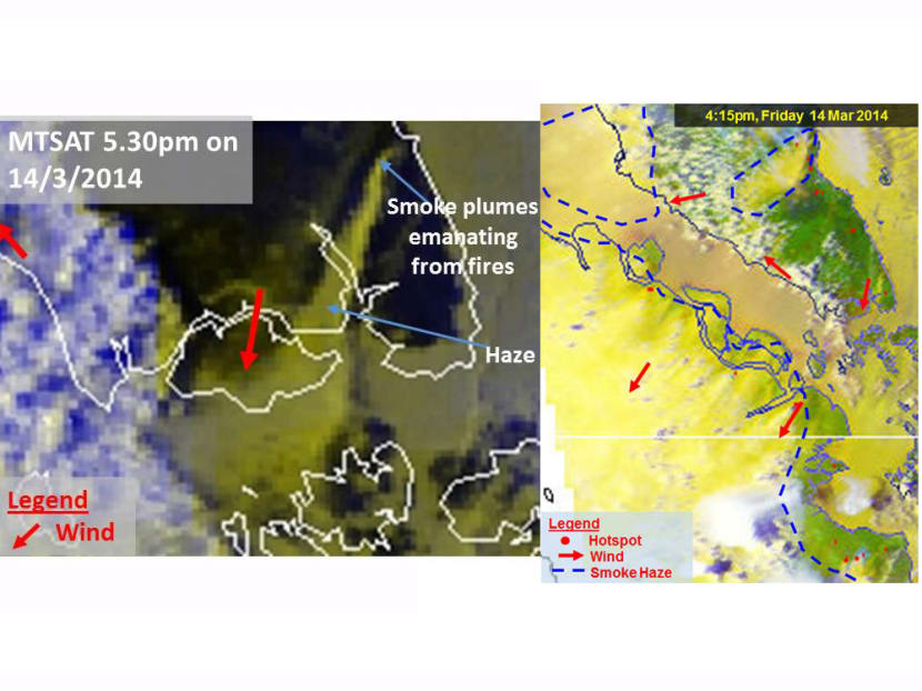 Satellite images showing haze blowing in from hotspots in Malaysia, March 14, 2014. Photo: NEA
