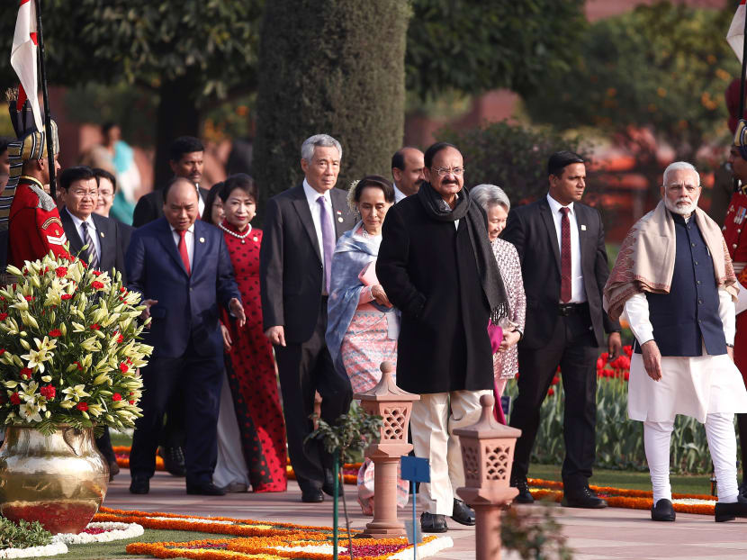 PM Modi (right) with other Asean head of states after the Republic Day parade in New Delhi on January 26. The author argues that while the presence of Asean’s leaders may be seen by some as a sign of India’s rise, the reality is somewhat different. Photo: Reuters.