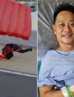 Third Warrant Officer Jeffrey Heng (pictured right) is recovering in hospital after a bad landing (left) during the National Day Parade on Aug 9, 2022.