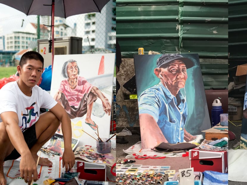 NSF and artist Brendan Mayle Kor has completed three portraits of elderly vendors at the Sungei Road Thieves' Market over the past few months and is currently working on the fourth painting in the series. Photos: Dylan Quek, Brendan Mayle Kor at @onborrowedland/Instagram