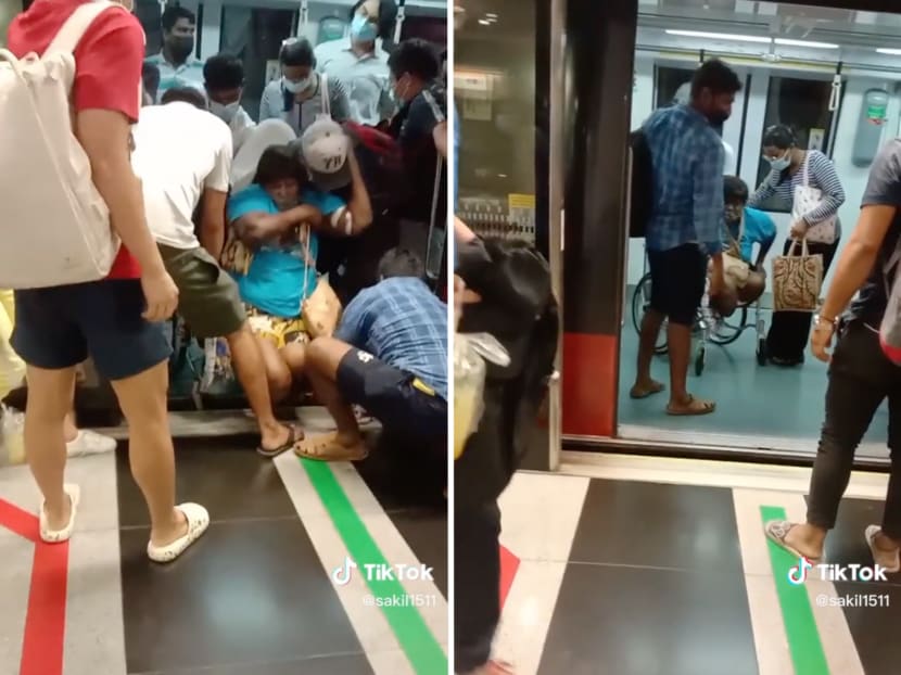In a video posted on TikTok, at least six people can be seen trying to help free a person whose wheelchair got stuck in the gap between an MRT train and the station platform.