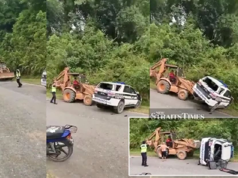 This photocombination made from a viral video courtesy of NST reader, shows the moment the man used a bulldozer to flip a Road Transport Department vehicle on its side.