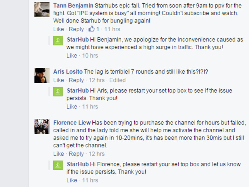 Many Singaporeans who tried to buy the Manny Pacquiao-Floyd Mayweather Jr bout on pay-per-view (PPV) channel offered by StarHub at the last minute vent their frustrations on the telco's Facebook page. Photo: Facebook/ Starhub