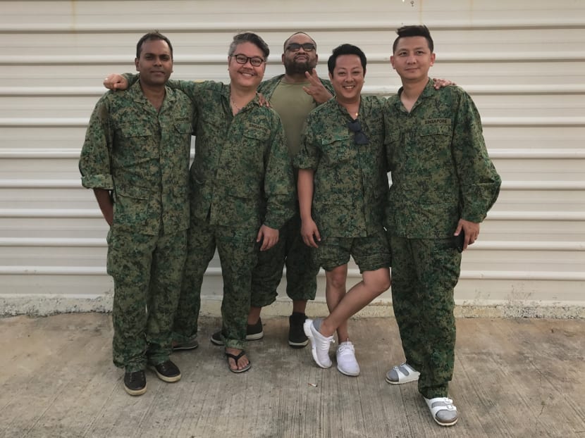 The guys from Army Daze got together to film a promotional video for Netflix's War Machine (from left to right): Ahamed Azad,Edward Yong Ching Tah, Sheikh Haikel, Kevin Mark Verghese, Adrian Lim Meng Kiat. Photo: Sonia Yeo