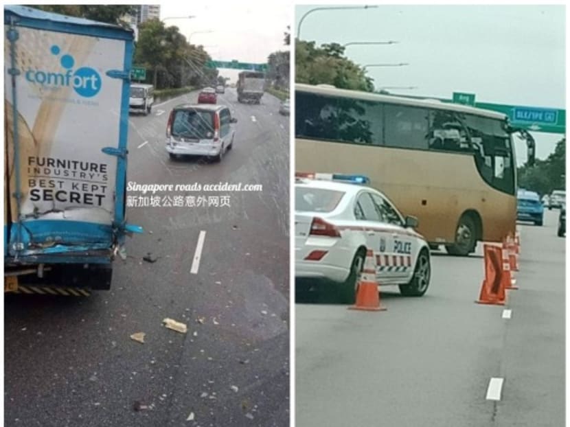 Exterior damages seen on one of the lorries (left) involved in an accident on the Central Expressway, which also included a bus (right).
