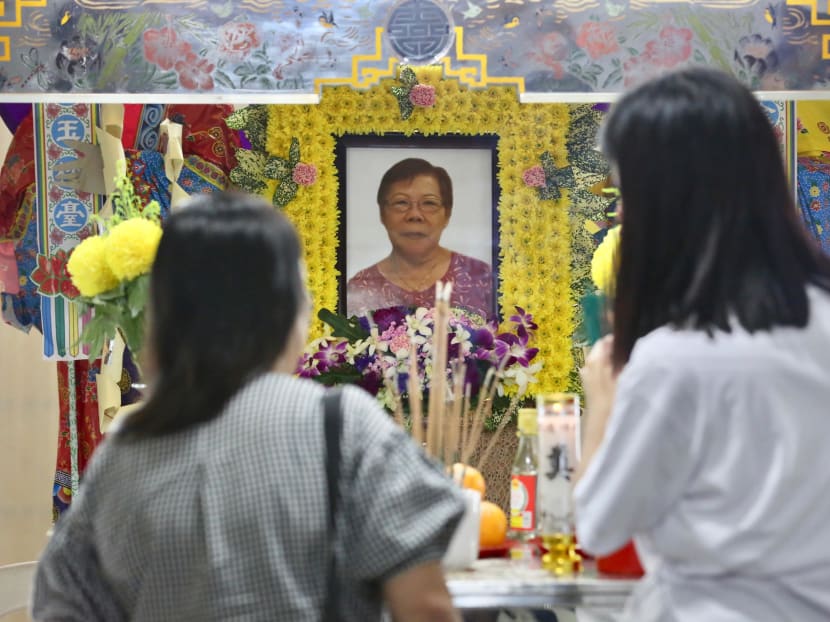 Mourners at the wake of Ong Bee Eng, 65, held at Block 50, Chai Chee Street. She died on Sept 25, 2019, four days after she was severely injured during a collision with an e-scooter rider. Mourners at the wake of Ong Bee Eng, 65, held at Block 50, Chai Chee Street. She died on Sept 25, 2019, four days after she was severely injured during a collision with an e-scooter rider.