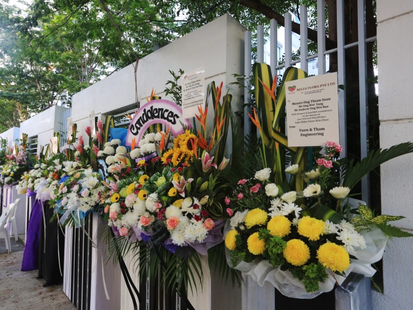 Well-wishers have left flowers for the family of the late Madam Seow Kim Choo, 59, who was killed on June 7, 2016, allegedly attacked by her maid armed with a knife. Photo: Koh Mui Fong/TODAY