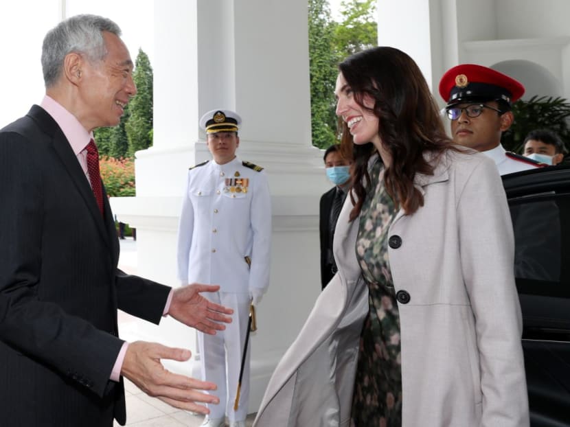 Prime Minister Lee Hsien Loong (left) greeting Ms Jacinda Ardern during her second official visit to Singapore in April 2022.