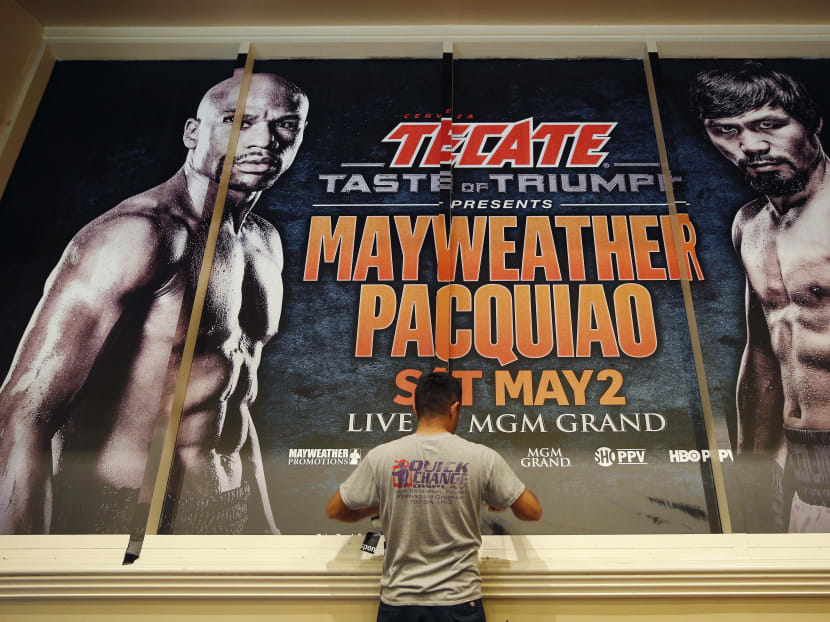 An advertisement for the Mayweather-Pacquiao fight at the MGM Grand, Friday, April 24, 2015, in Las Vegas. Photo: AP