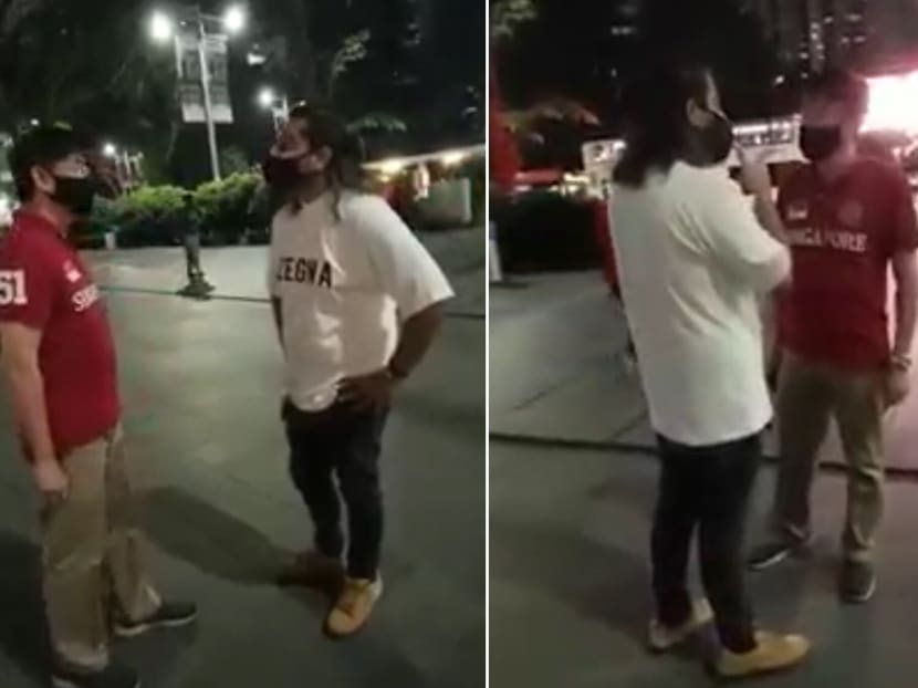Screenshot of the video showing Mr Dave Parkash (right in left image) being confronted by a man. Screenshot of the video showing Mr Dave Parkash (right in left image) being confronted by a man.