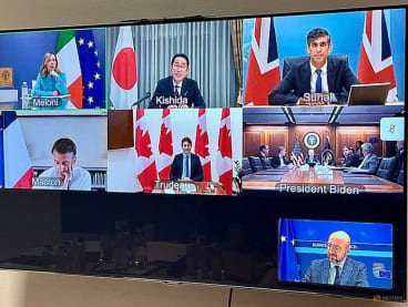 G7 leaders discuss Iranian attack on Israel over a video meeting in this picture obtained from social media, Brussels, Belgium, on April 14, 2024.  