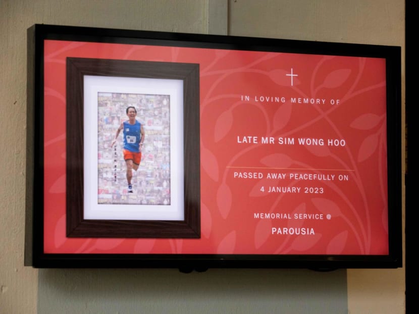 A notice at the wake of Creative Technology's founder Sim Wong Hoo, which is held at The Garden of Remembrance, a Christian facility and columbarium, on Jan 5, 2023. 