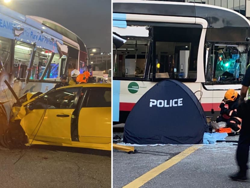 Screengrabs from social media showing the scene of the accident in Woodlands involving a car and a bus. 