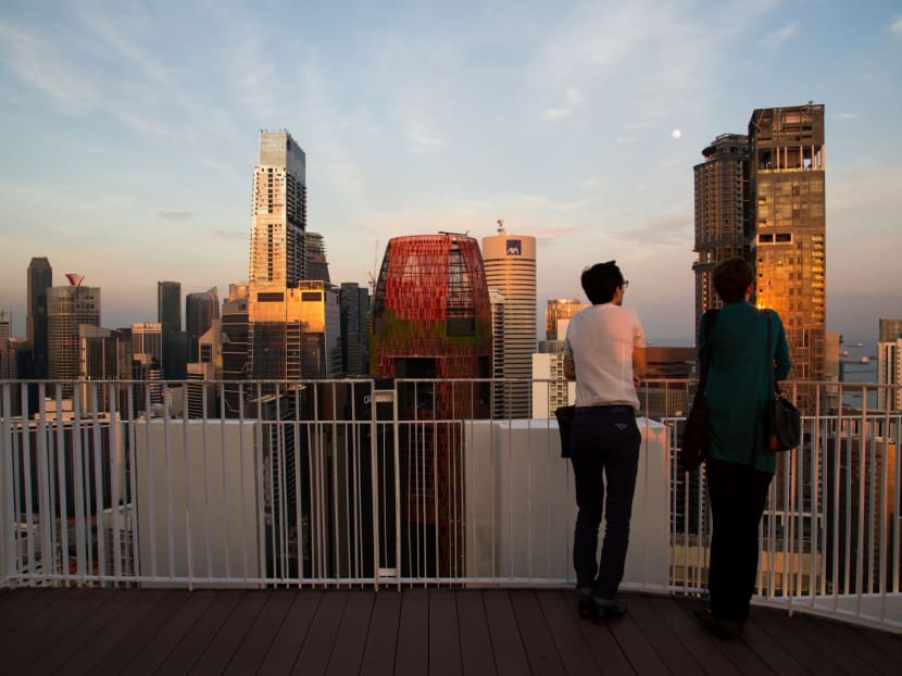 Visitors look out at the skyline from the skybridge at the Pinnacle@Duxton, a Housing & Development Board (HDB) public housing estate, in Singapore. Singapore is currently mired in its most prolonged housing slump on record. Home prices in the city-state fell for the 11th straight quarter in the three months ending June 30, posting the longest losing streak since records started in 1975. Visitors look out at the skyline from the skybridge at the Pinnacle@Duxton, a Housing & Development Board (HDB) public housing estate, in Singapore. Singapore is currently mired in its most prolonged housing slump on record. Home prices in the city-state fell for the 11th straight quarter in the three months ending June 30, posting the longest losing streak since records started in 1975.