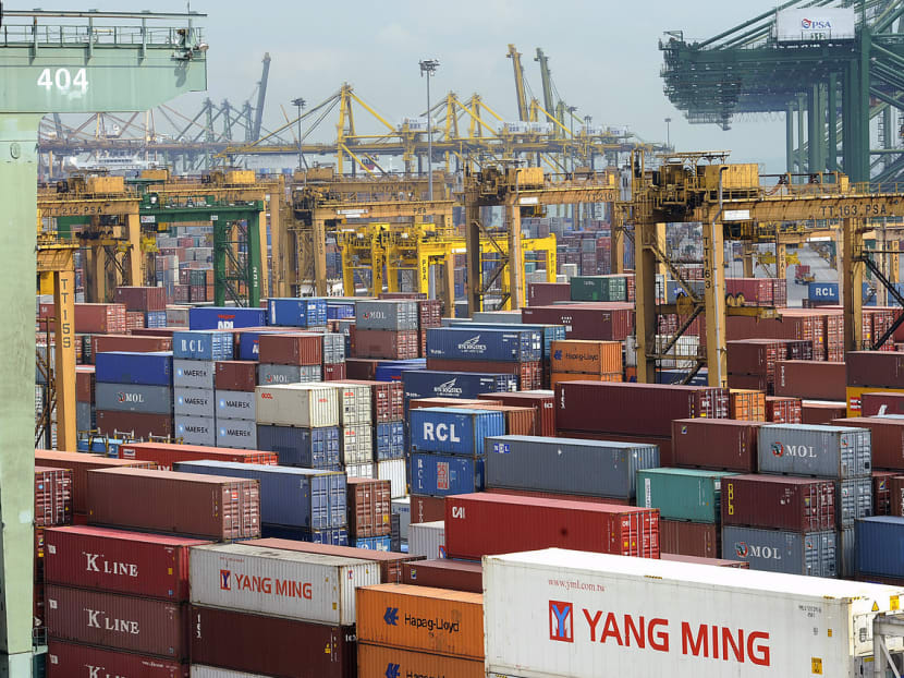 Containers are stacked at the Keppel Container Terminal. Industrial production grew 0.9 per cent year-on-year last month. Photo: Bloomberg