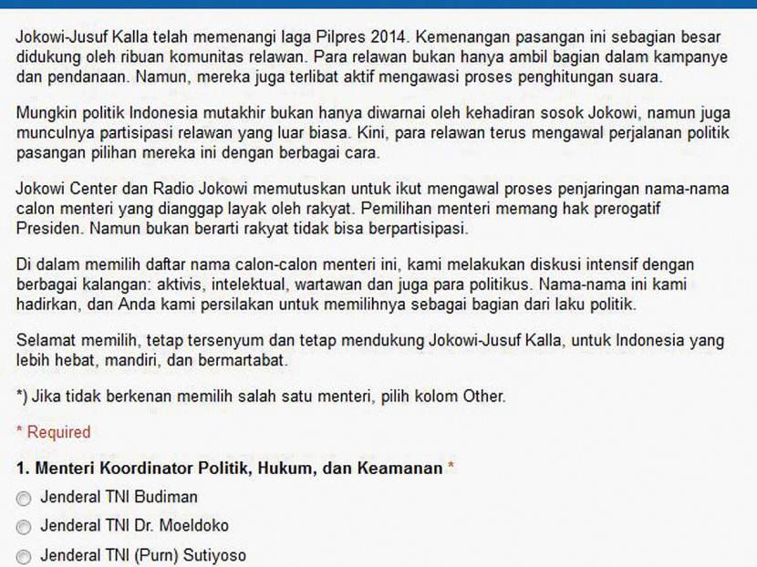 Indonesia president-elect Joko Widodo 
has put up this form on Google Docs looking 
to crowdsource 
his Cabinet.