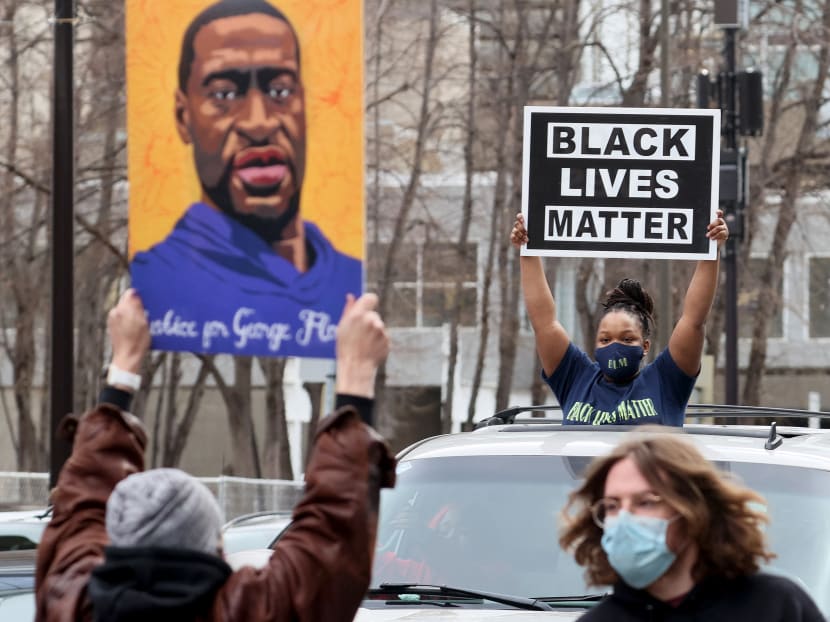 People react after the verdict was read in the Derek Chauvin trial in Minneapolis, Minnesota, US on April 20, 2021. People react after the verdict was read in the Derek Chauvin trial in Minneapolis, Minnesota, US on April 20, 2021.