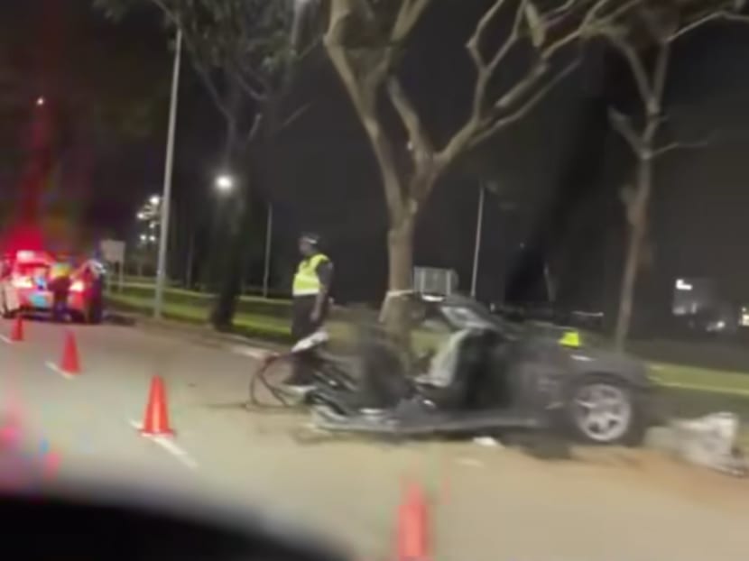 A screengrab from a video showing a car ripped in half after an accident along a slip road going to Seletar West Link on Aug 11, 2023.