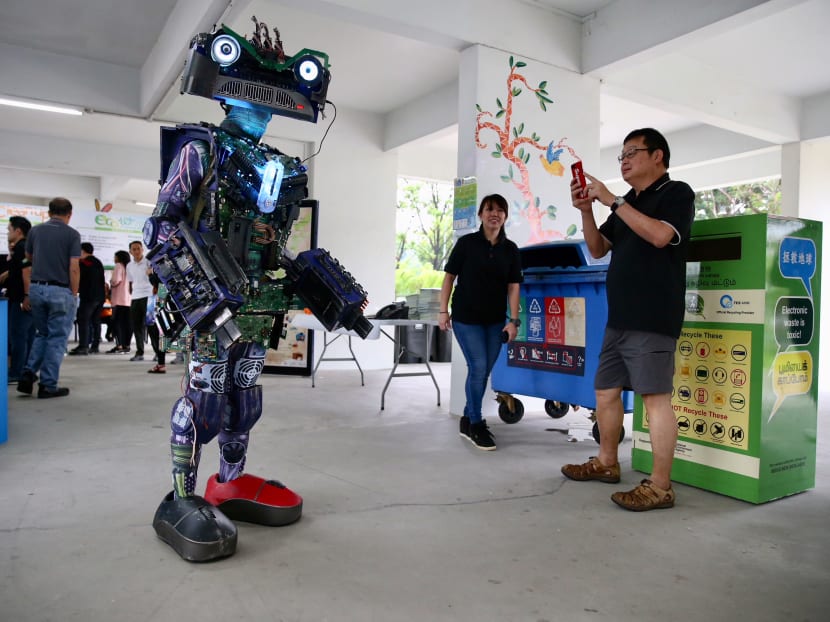 E-Waste Monster seen during the Clean Up South West!, the district’s annual trash-for-groceries recycling drive, at Bukit Gombak Sunshine RC, on Sunday (Jan 14). Photo: Koh Mui Fong/TODAY