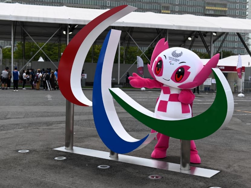 Mascot Someity poses with the Tokyo 2020 Paralympic Games symbol at the fan park in Tokyo on Aug 24, 2021.