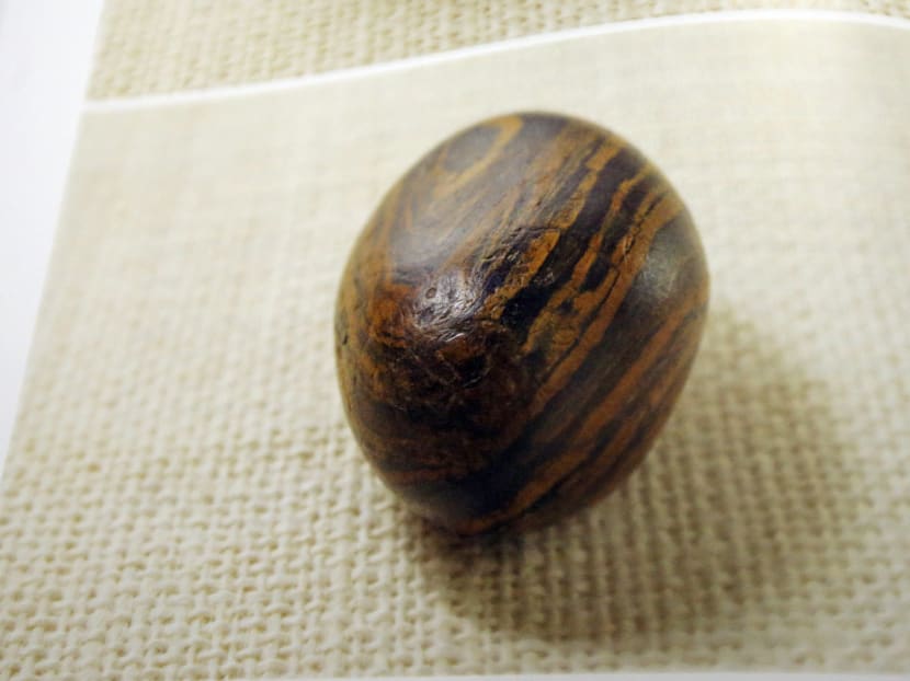 A picture of a smooth, brown, egg-sized rock is shown in the printer's manuscript of the Book of Mormon following a news conference Tuesday, Aug 4, 2015, at the Church of Jesus Christ of Latter-day Saints Church History Library, in Salt Lake City. Photo: AP