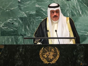 FILE PHOTO: Sheikh Ahmad Nawaf Al-Ahmad Al-Sabah, Prime Minister of Kuwait, addresses the 77th Session of the United Nations General Assembly at U.N. Headquarters in New York City, U.S., September 22, 2022.  REUTERS/David 'Dee' Delgado