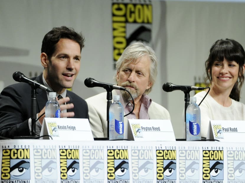 From left: Paul Rudd, Michael Douglas and Evangeline Lilly. The cast members in the upcoming Marvel film Ant-Man, take part in the Marvel panel at Comic-Con International on July 26, 2014, in San Diego, California. Photo: AP