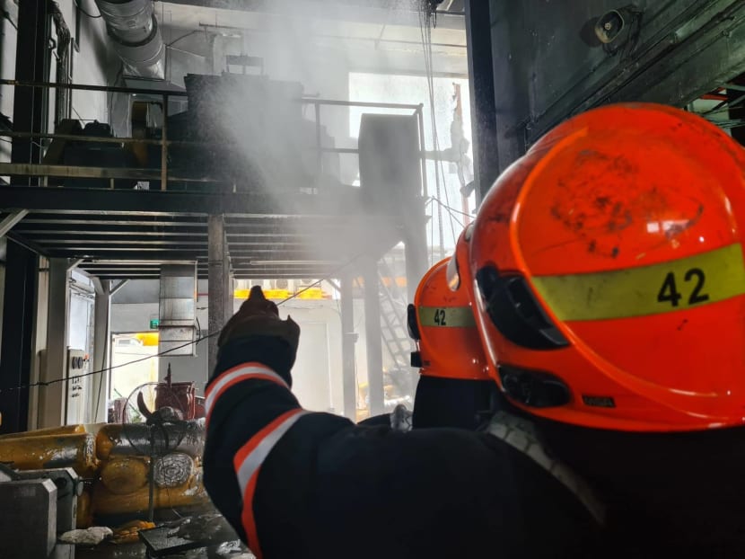 Upon arriving at 32E Tuas Avenue 11, the Singapore Civil Defence Force found that a unit in an industrial building was smoke-logged. Upon arriving at 32E Tuas Avenue 11, the Singapore Civil Defence Force found that a unit in an industrial building was smoke-logged.