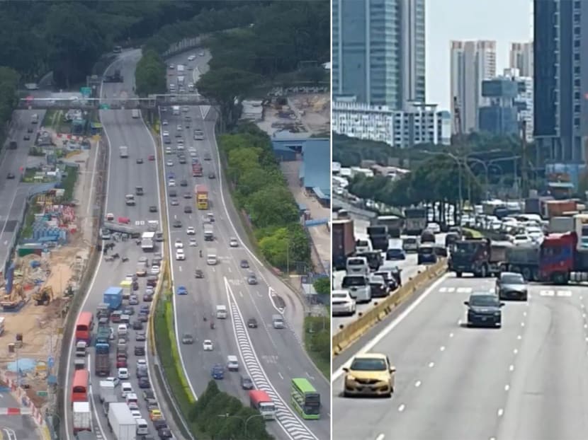 In photos of an accident posted online, a trailer can be seen obstructing three lanes of the Pan-Island Expressway, causing traffic to slow to a crawl. In photos of an accident posted online, a trailer can be seen obstructing three lanes of the Pan-Island Expressway, causing traffic to slow to a crawl.