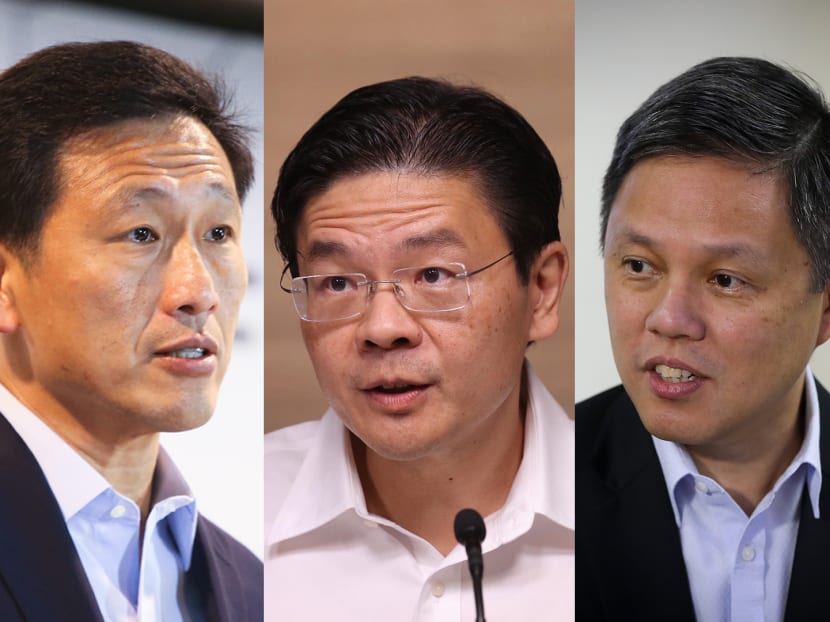 From left: Health Minister Ong Ye Kung, Finance Minister Lawrence Wong and Education Minister Chan Chun Sing. From left: Health Minister Ong Ye Kung, Finance Minister Lawrence Wong and Education Minister Chan Chun Sing.
