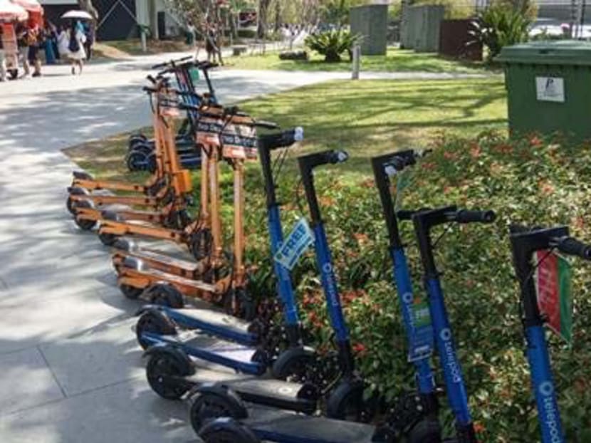 E-scooters from Telepod and Neuron Mobility impounded along Esplanade Drive in February 2019. The two firms were not licensed to operate e-scooter sharing services in public places.
