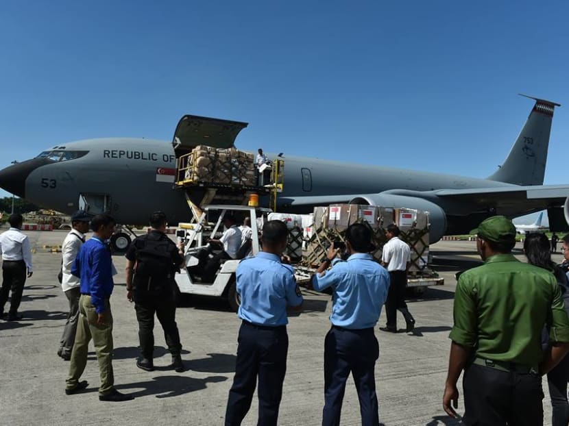 Aid supplies being unloaded from the RSAF's KC-135R. Photo: Ng Eng Hen/Facebook