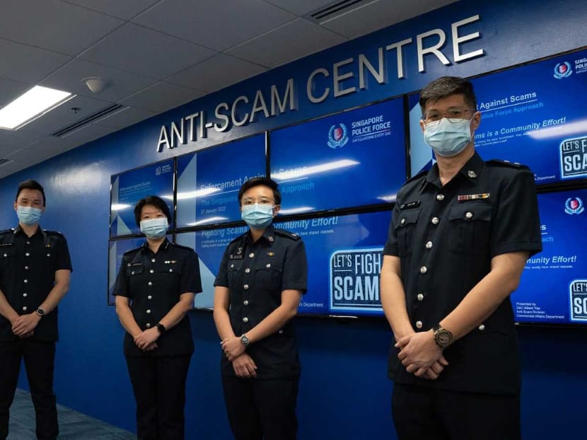 Officers of the Anti-Scam Division pose for a photo during a press event at the Police Cantonment Complex on Jan 27, 2022. From left: Assistant Superintendent of Police (ASP) Lim Min Siang, Deputy Assistant Commissioner of Police Aileen Yap, ASP Felicia Seow and Inspector Eric Low.