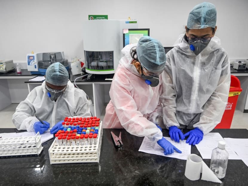 Laboratory workers checking samples collected for Covid-19 coronavirus testing as part of a large-scale project to test low-income households in India.