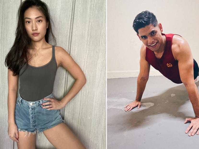 Ms Germaine Tan (left) modeling her pre-loved clothes that she is selling to raise funds for foreign workers and Mr Zh Abdul Hafeez (right), who came up with a fitness challenge to raise funds for foreign workers, doing a push up.