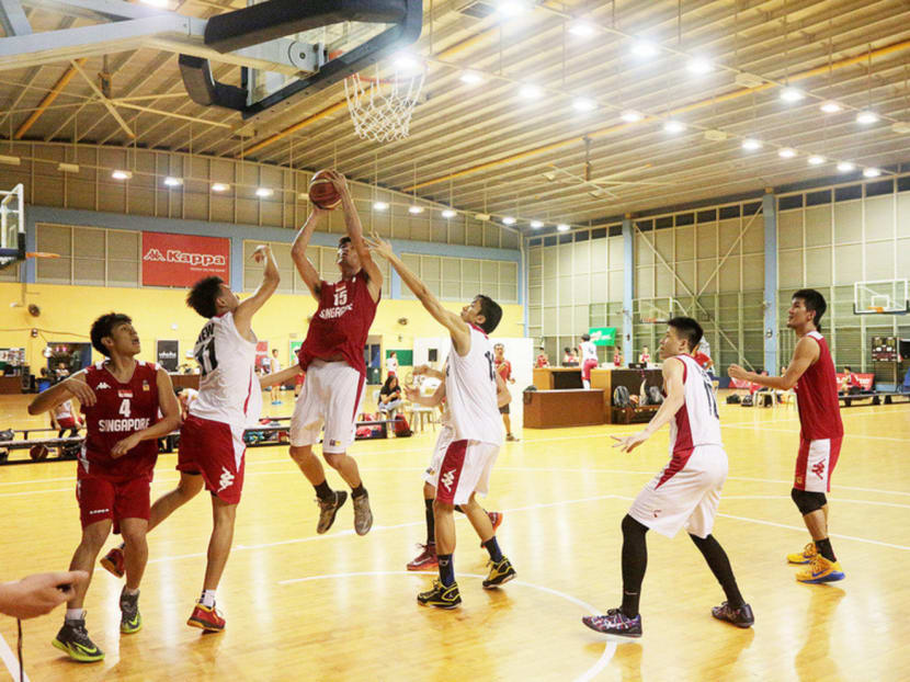 Singapore men’s basketball team during training last week. The national coach will be looking to test his crop of younger players at SEABA. Photo: Jason Quah