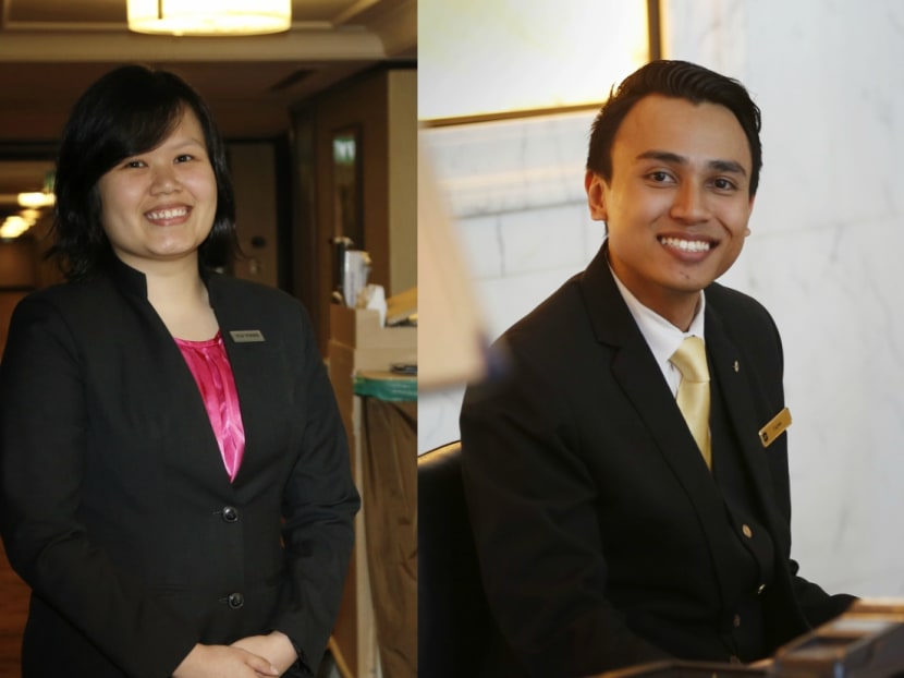 The hotel and services is a thriving industry that offers a wide range of interesting roles. Pictured are Ms Thoi Yu Ying, Assistant Housekeeper, Royal Plaza on Scotts (left) and Mr Fazree Abdul Rahman, Guest Service Officer, Shangri-La Hotel Singapore. Photos: Raj Nadarajan/ TODAY