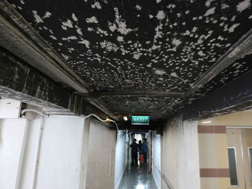 A view of a corridor at Block 91 Henderson Road on Dec 9, 2022 — a day after a fire occurred in a flat there.