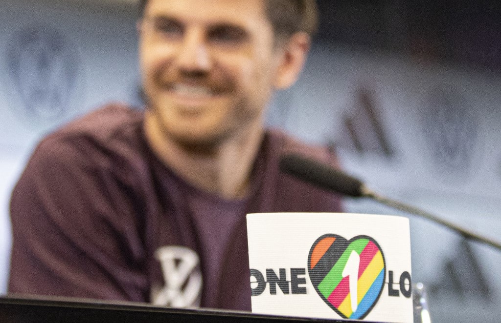 Germany's midfielder Jonas Hofmann presents the captain's armband, a symbol against discrimination and for diversity, during a press conference two days before the UEFA Nations League Group 3 football match between Germany and Hungary, at the DFB campus in Frankfurt am Main, western Germany, on Sept 21, 2022. Germany's midfielder Jonas Hofmann presents the captain's armband, a symbol against discrimination and for diversity, during a press conference two days before the UEFA Nations League Group 3 football match between Germany and Hungary, at the DFB campus in Frankfurt am Main, western Germany, on Sept 21, 2022.