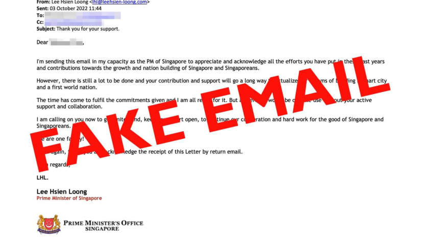 'Scammers are relentless' says PM Lee, as fake emails purportedly sent by him circulate online 'Scammers are relentless' says PM Lee, as fake emails purportedly sent by him circulate online