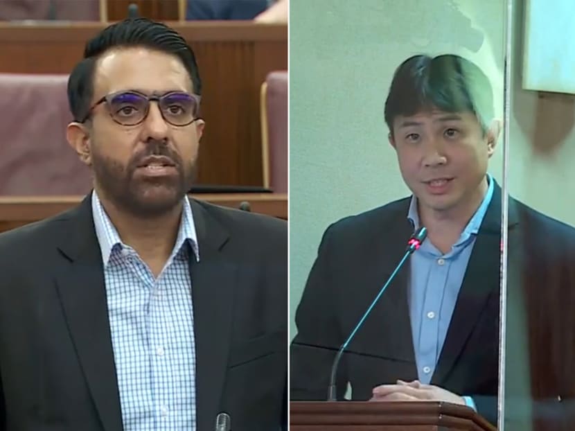 Workers' Party chief Pritam Singh (left) and Associate Professor Jamus Lim (right), fellow Member of Parliament from the party, speaking at a Budget debate on Feb 28, 2022.