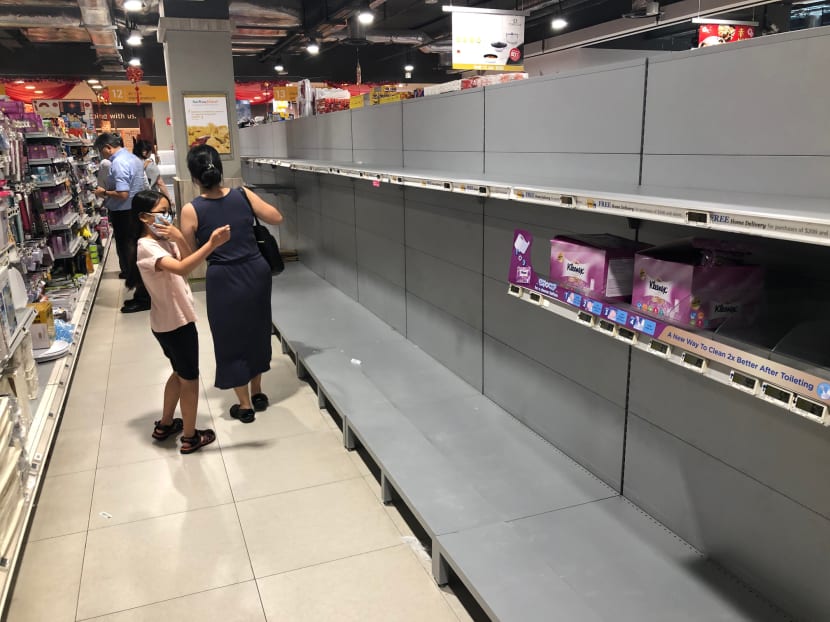 Empty shelves at Fairprice Finest in Bukit Timah Plaza on Feb 7, 2020, after the Dorscon alert level was changed to Orange. 