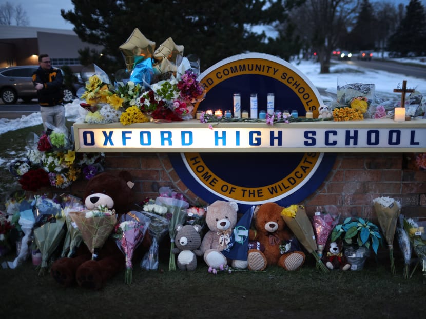 A makeshift memorial sits outside of Oxford High School in Oxford, Michigan, on Dec 01, 2021, a day after the fatal shooting.